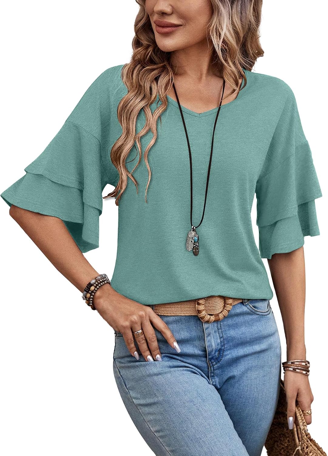 Cormag Women's V-Neckline Blouse – 3/4 Ruffle Sleeves, Stretchy Material & Comfortable Fit