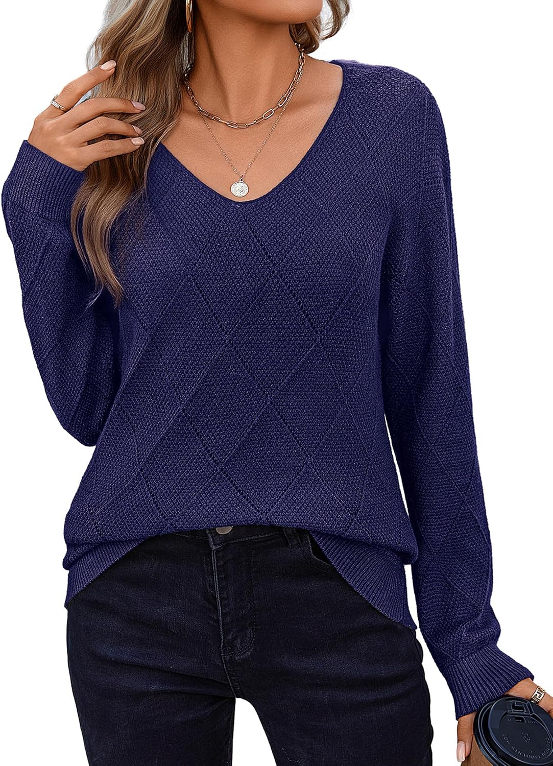 Jaspar Women's Crochet Knit Sweater – V-Neckline, Full-Length Sleeves & Relaxed Relaxed Silhouette