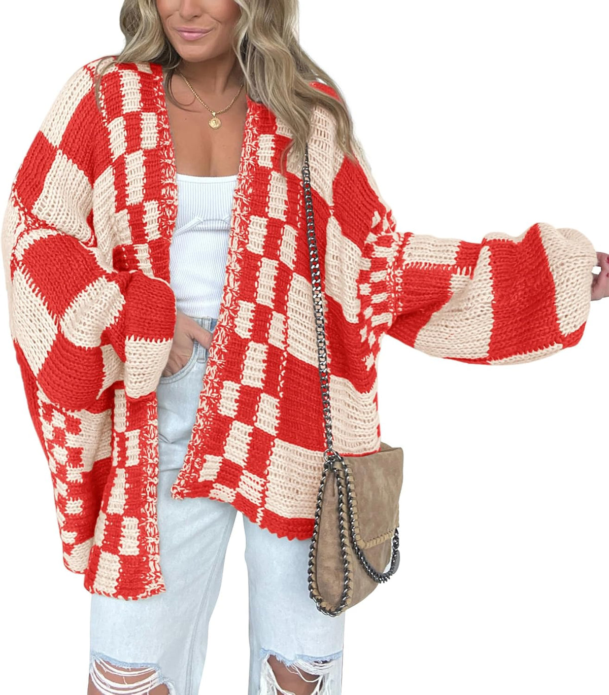 Hjalmar Women's Checkered Knit Cardigan – Open-Front Design, V-Neckline & Comfortable Fit