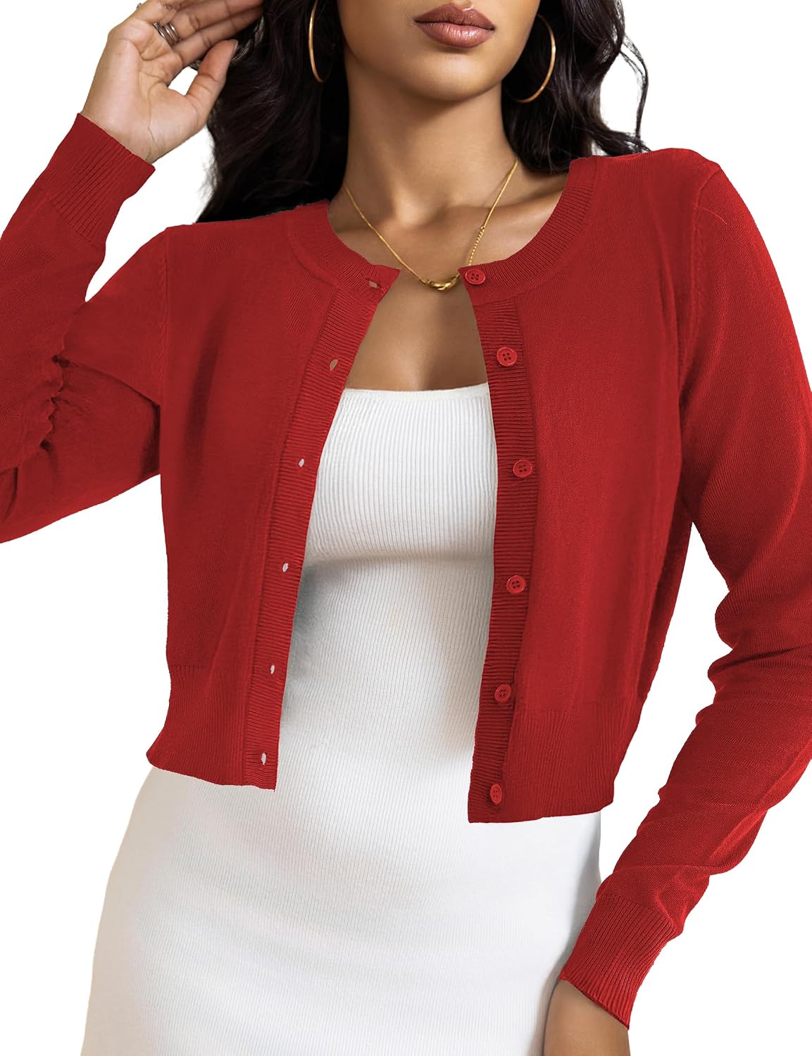 Alessio Women's Cropped Knit Cardigan – Button-Up Front, Flexible Fabric & Lightweight Fit