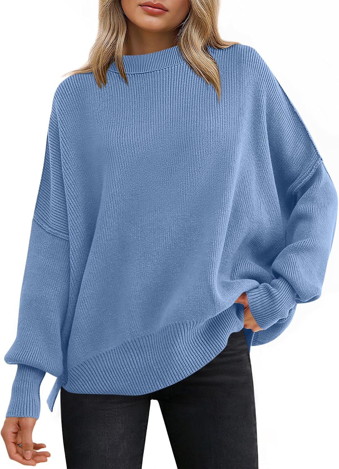 Kirstyn Women's Ribbed Batwing Sweater – Round Neckline, Side Slits & Easy Fit