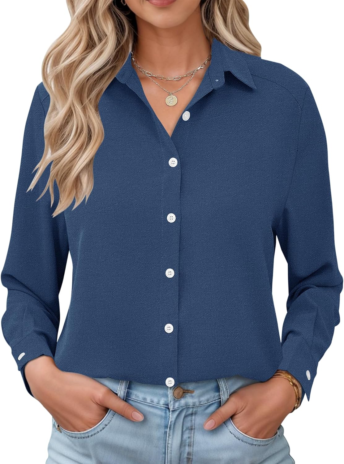 Xerxine Women's Gingham Shirt – Button-Up Front, Turn-Down Collar & Roll-Up Sleeves