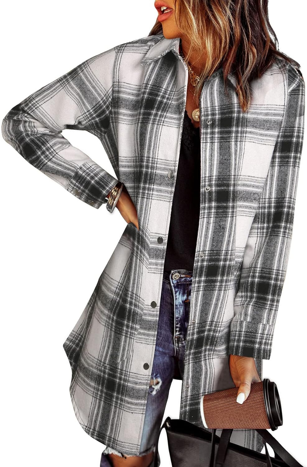 Farah Women's Plaid Shacket – Button-Up Front, Boyfriend Fit & Handy Pockets