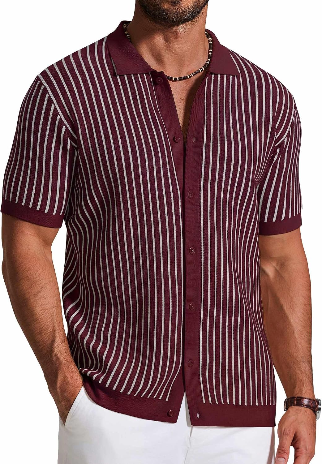 Orsolya Men's Retro Knit Shirt – Colour-Block Stripes, Collar & Button-Down Front