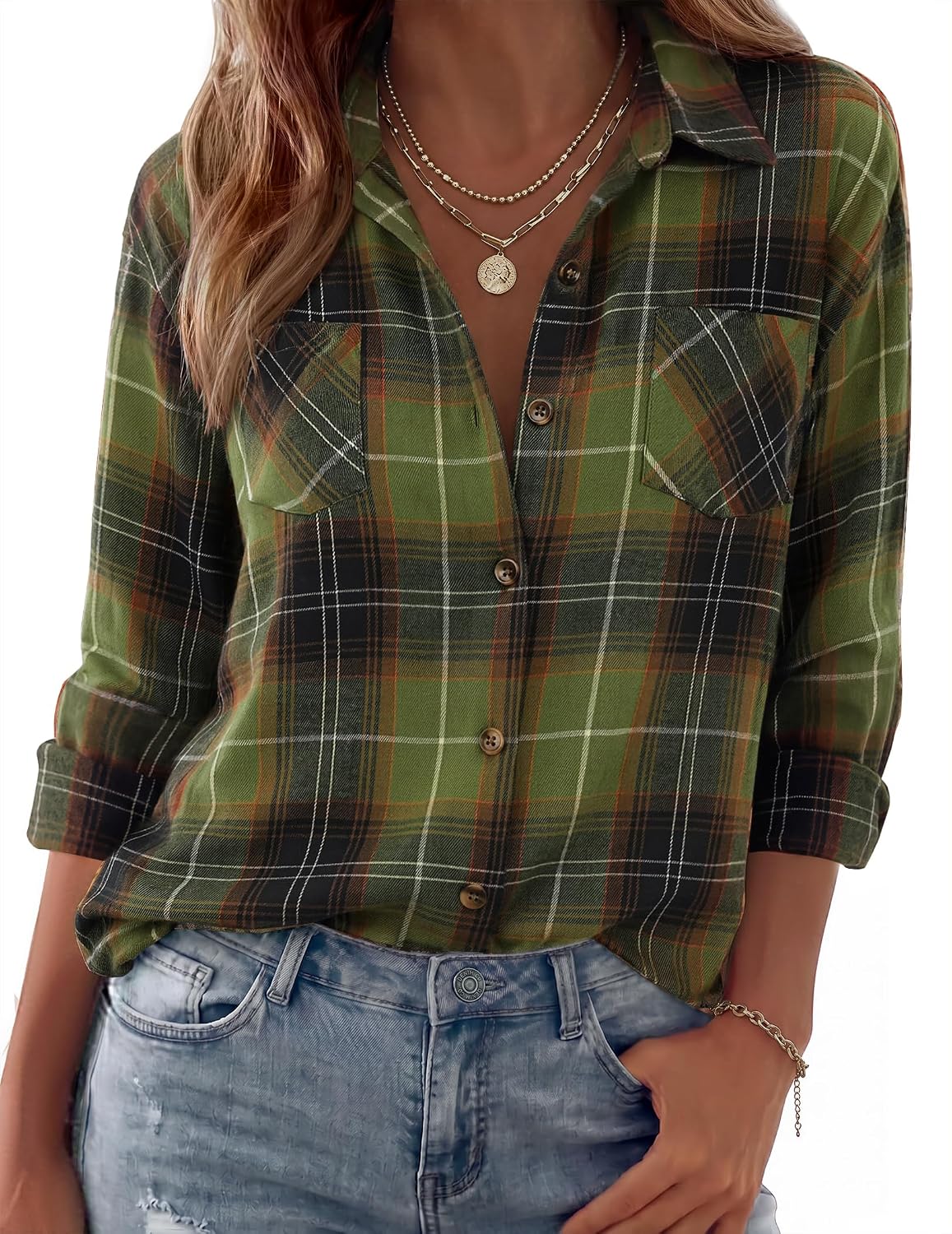 Grishilde Women's Plaid Flannel Shirt – Loose Silhouette, Front Chest Pockets & Button-Up Front