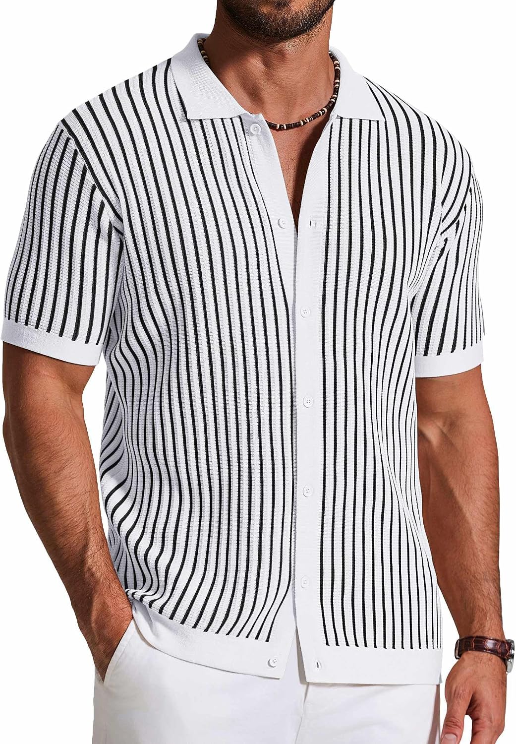 Orsolya Men's Retro Knit Shirt – Colour-Block Stripes, Collar & Button-Down Front