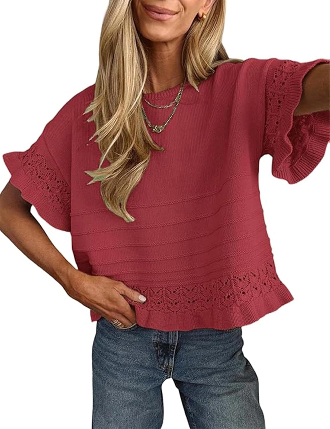 Delcine Women's Ruffle Knit Top – Round Neckline, Short-Sleeve Design & Cotton-Blend Fabric