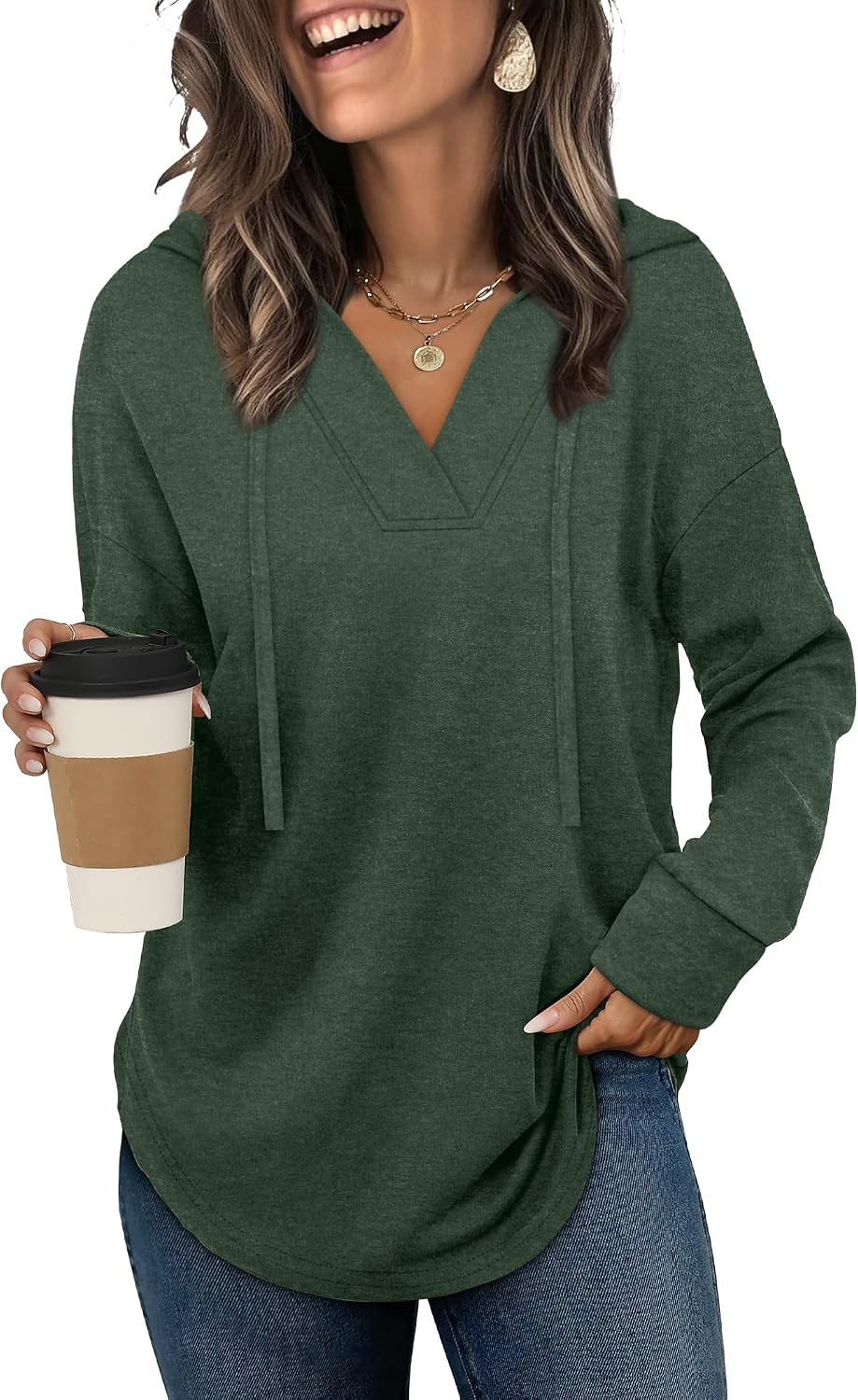 Eowyn Women's V-Neckline Hoodie – Asymmetric Hem, Full-Length Sleeves & Comfortable Fit