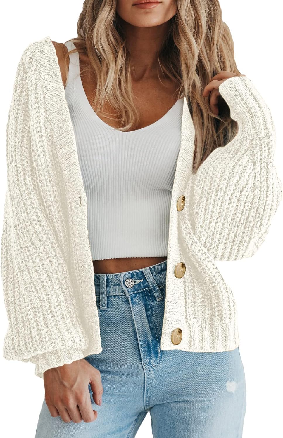 Rasmus Women's Oversized Knit Cardigan – Deep V-Neckline, Button-Up Front & Chunky Knit