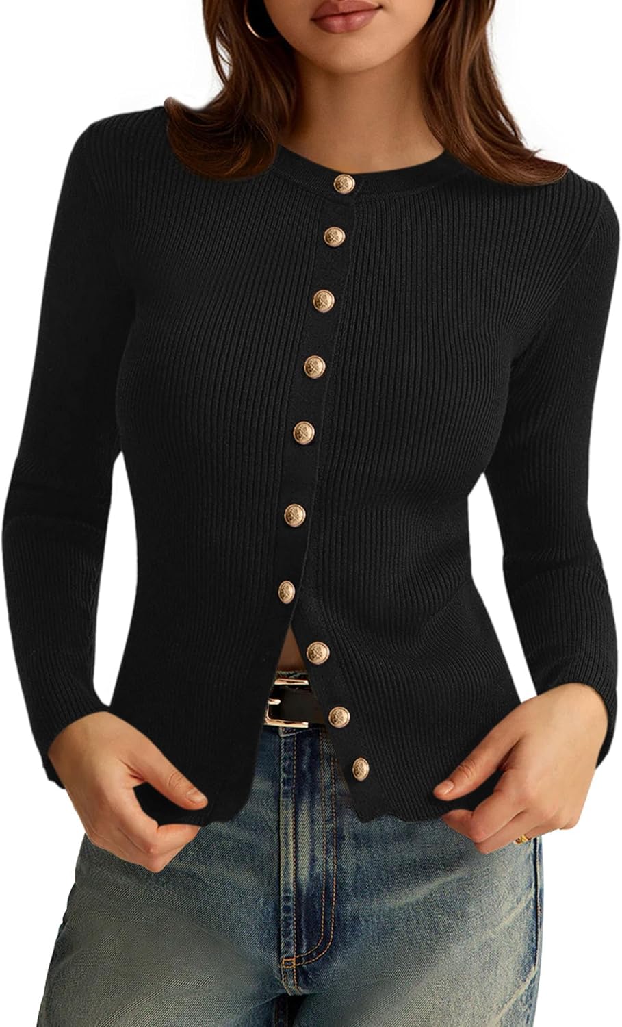 Constantina Women's Ribbed Cardigan – Crewneck, Button-Up Front & Fitted Silhouette