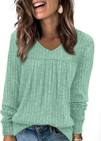 Lydia Women's Ribbed Tunic Top – V-Neck Long Sleeve Relaxed Fit Pleated Sweater