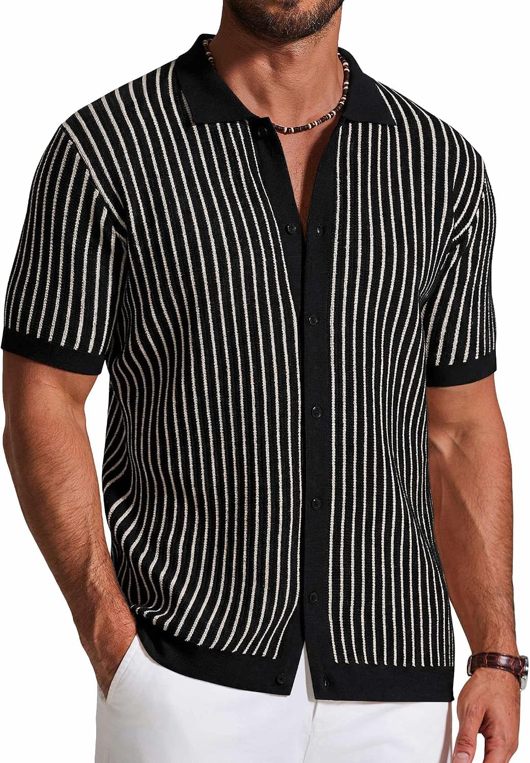 Orsolya Men's Retro Knit Shirt – Colour-Block Stripes, Collar & Button-Down Front