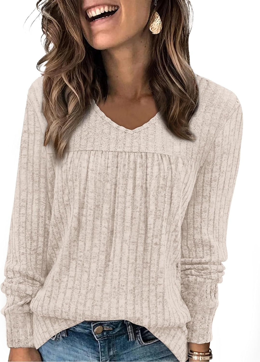 Lydia Women's Ribbed Tunic Top – V-Neck Long Sleeve Relaxed Fit Pleated Sweater