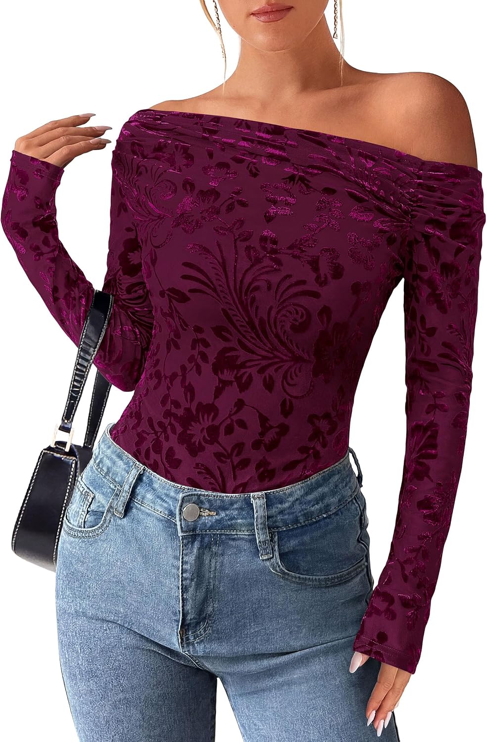 Hjalmar Women's Floral Off-Shoulder Top – Asymmetric Neckline, Full-Length Sleeves & Tailored Fit