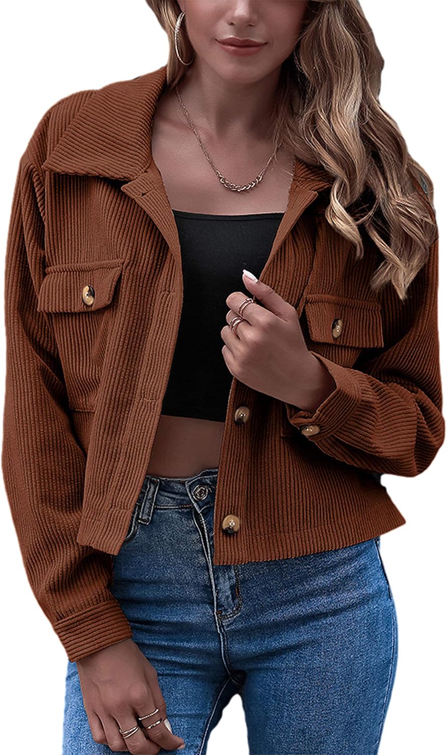 Tabitha Women's Corduroy Jacket – Cropped Button-Up Shacket with Flap Pockets