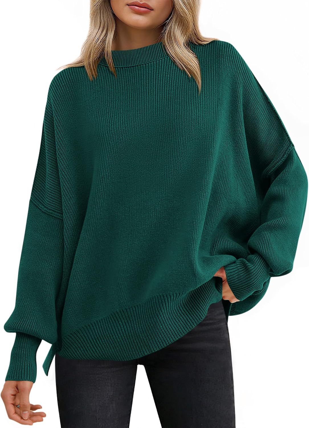 Kirstyn Women's Ribbed Batwing Sweater – Round Neckline, Side Slits & Easy Fit
