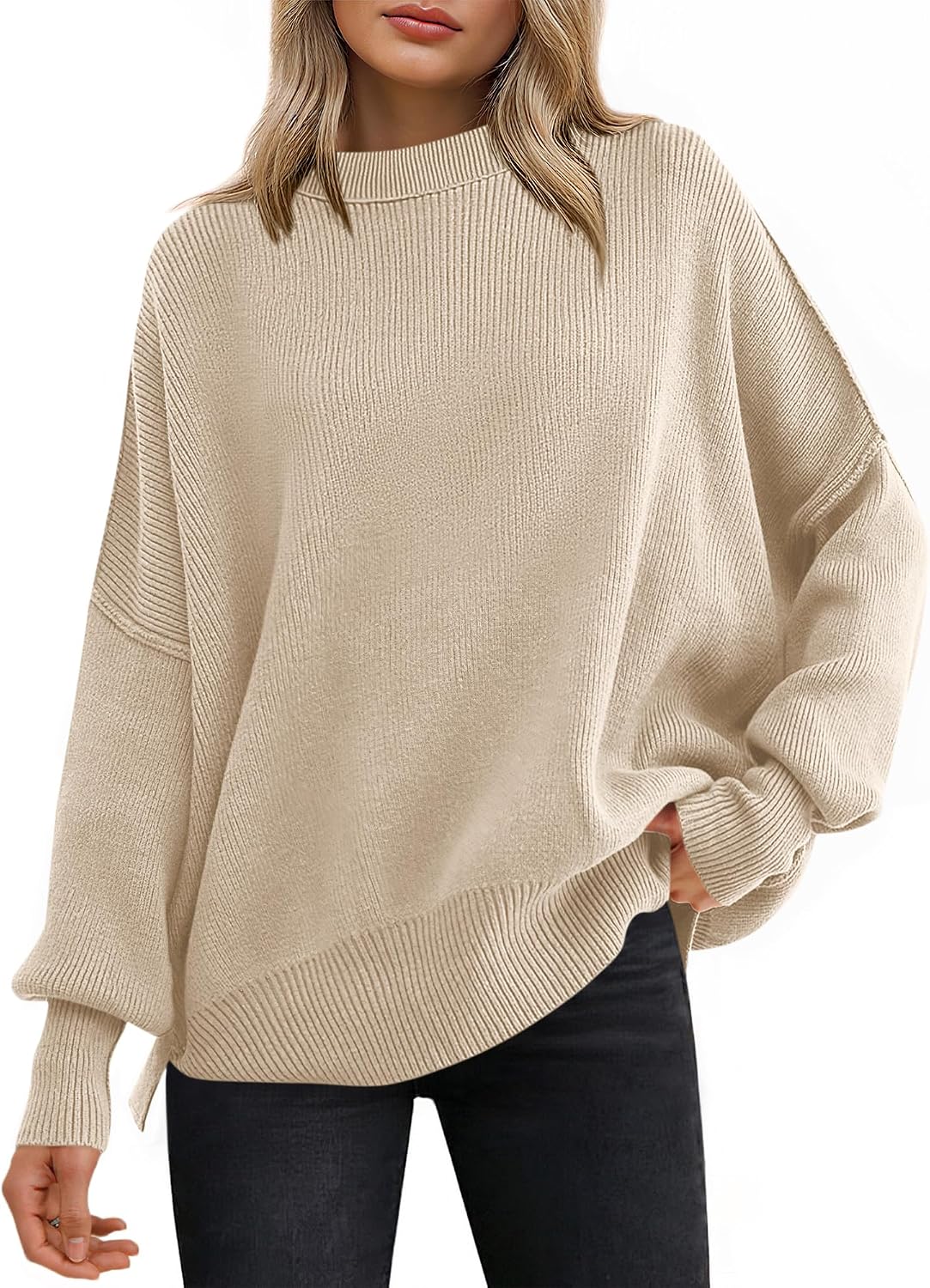 Kirstyn Women's Ribbed Batwing Sweater – Round Neckline, Side Slits & Easy Fit