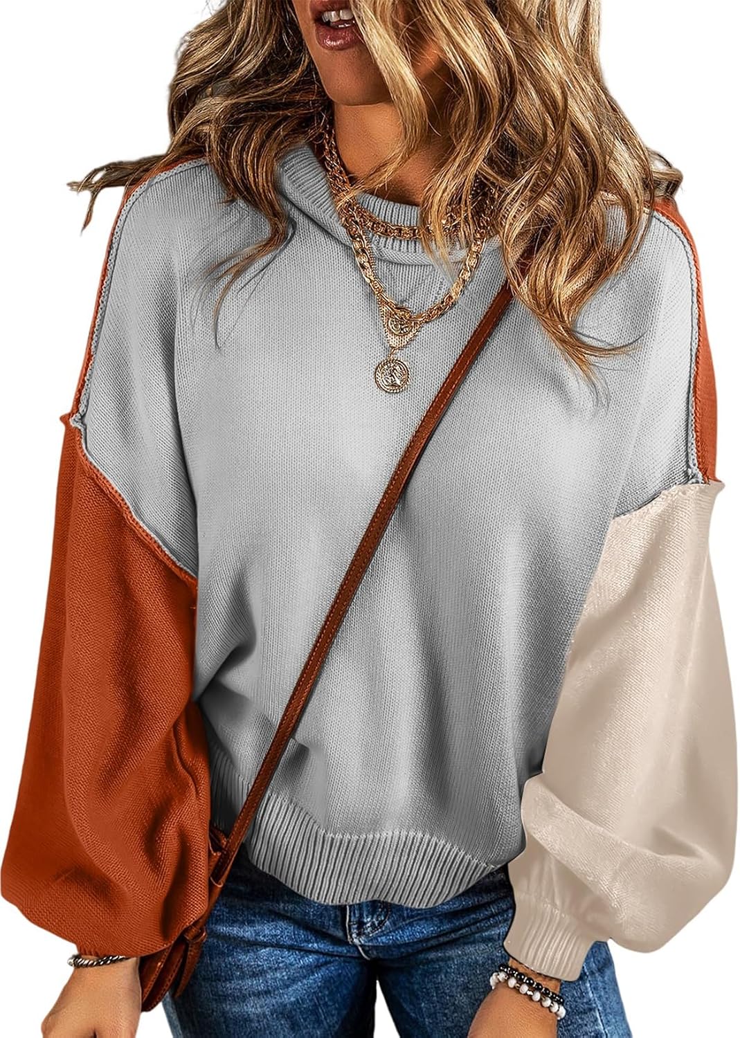 Orabelle Women's Colourblock Sweater – Bishop Sleeves, Round Neckline & Cotton Knit