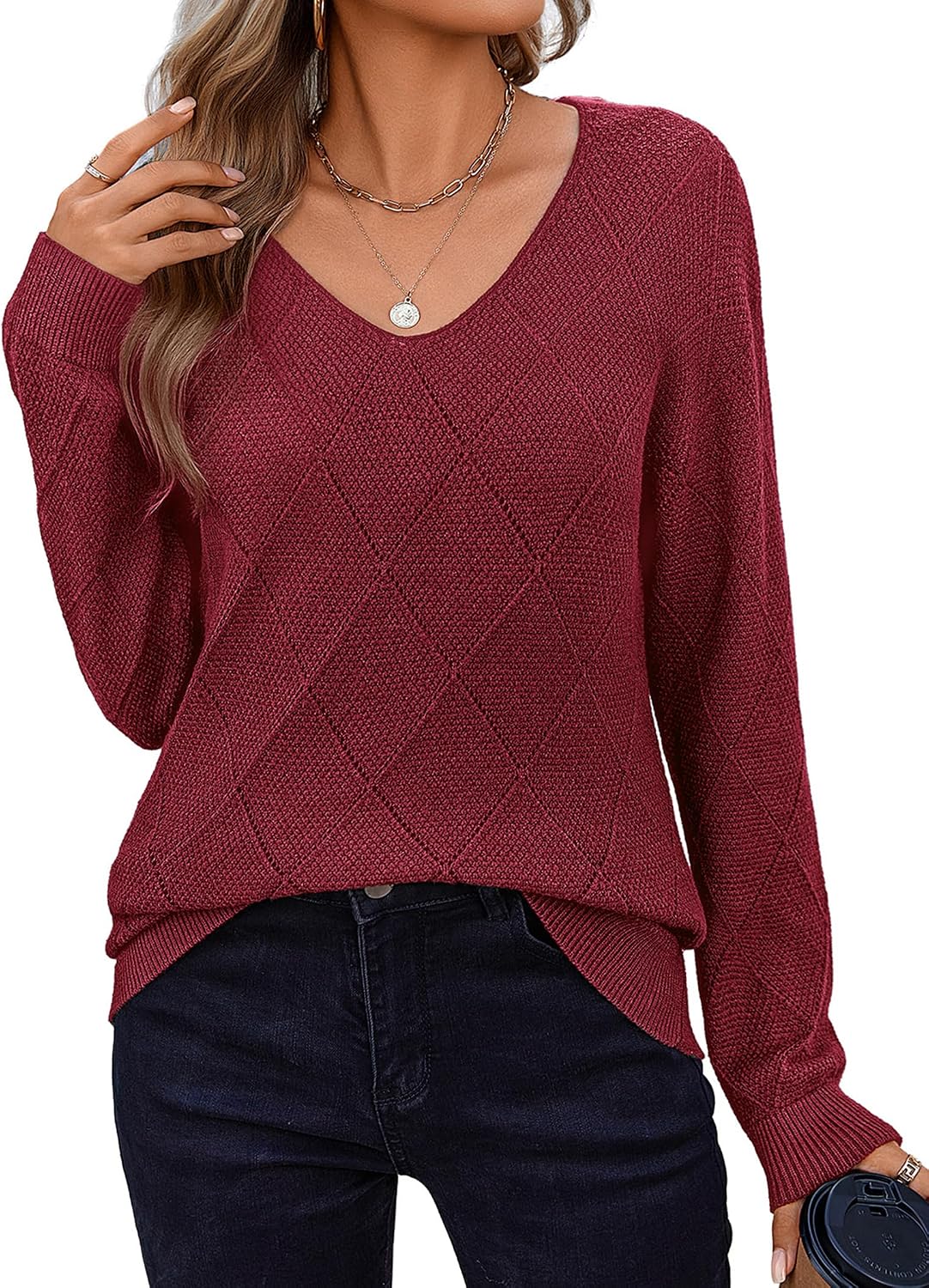 Jaspar Women's Crochet Knit Sweater – V-Neckline, Full-Length Sleeves & Relaxed Relaxed Silhouette