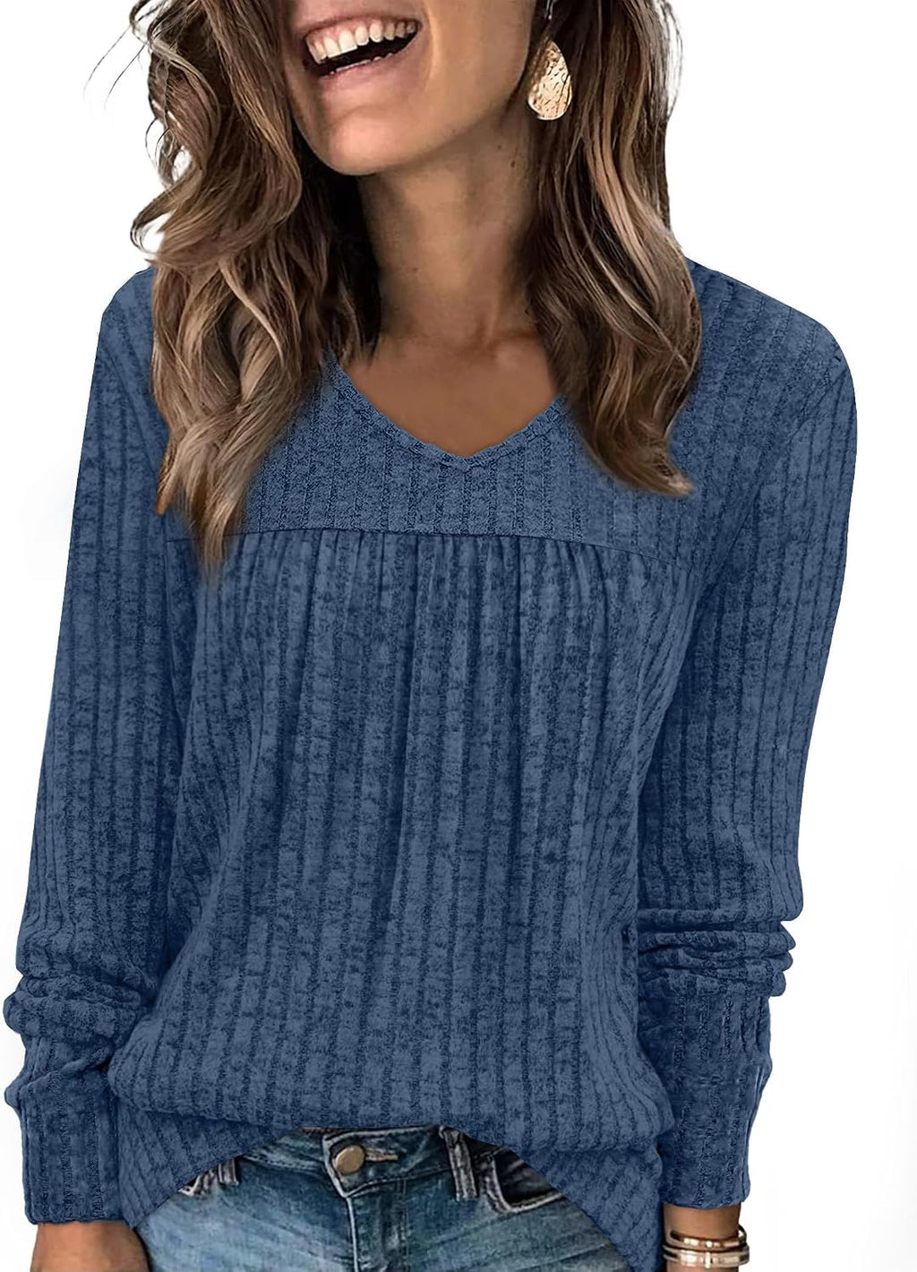 Lydia Women's Ribbed Tunic Top – V-Neck Long Sleeve Relaxed Fit Pleated Sweater
