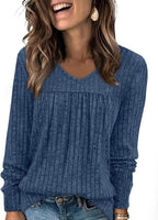 Lydia Women's Ribbed Tunic Top – V-Neck Long Sleeve Relaxed Fit Pleated Sweater
