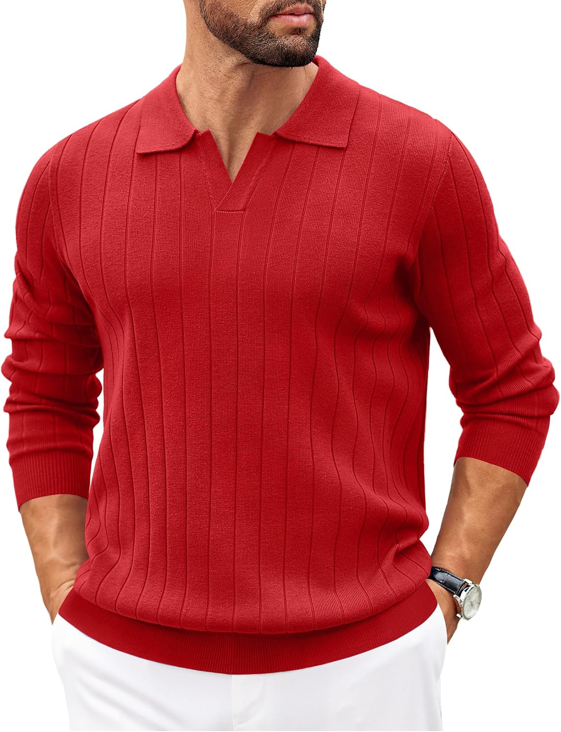 Quendolyn Men's Knit Polo Sweater – V-Neckline Collar, Wide Stripe Texture & Ribbed Detailing