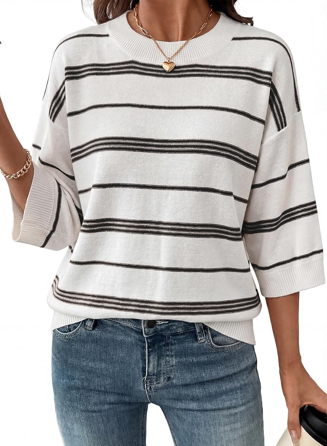 Wystanne Women's Colourblock Sweater – 3/4 Sleeves, Dropped-Shoulder Design & Loose Silhouette