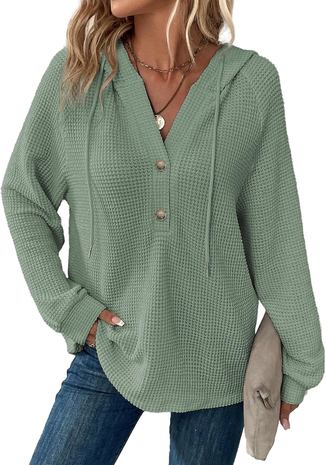 Orsolya Women's Waffle Knit Hoodie – V-Neckline, Button-Up Front & Loose Silhouette