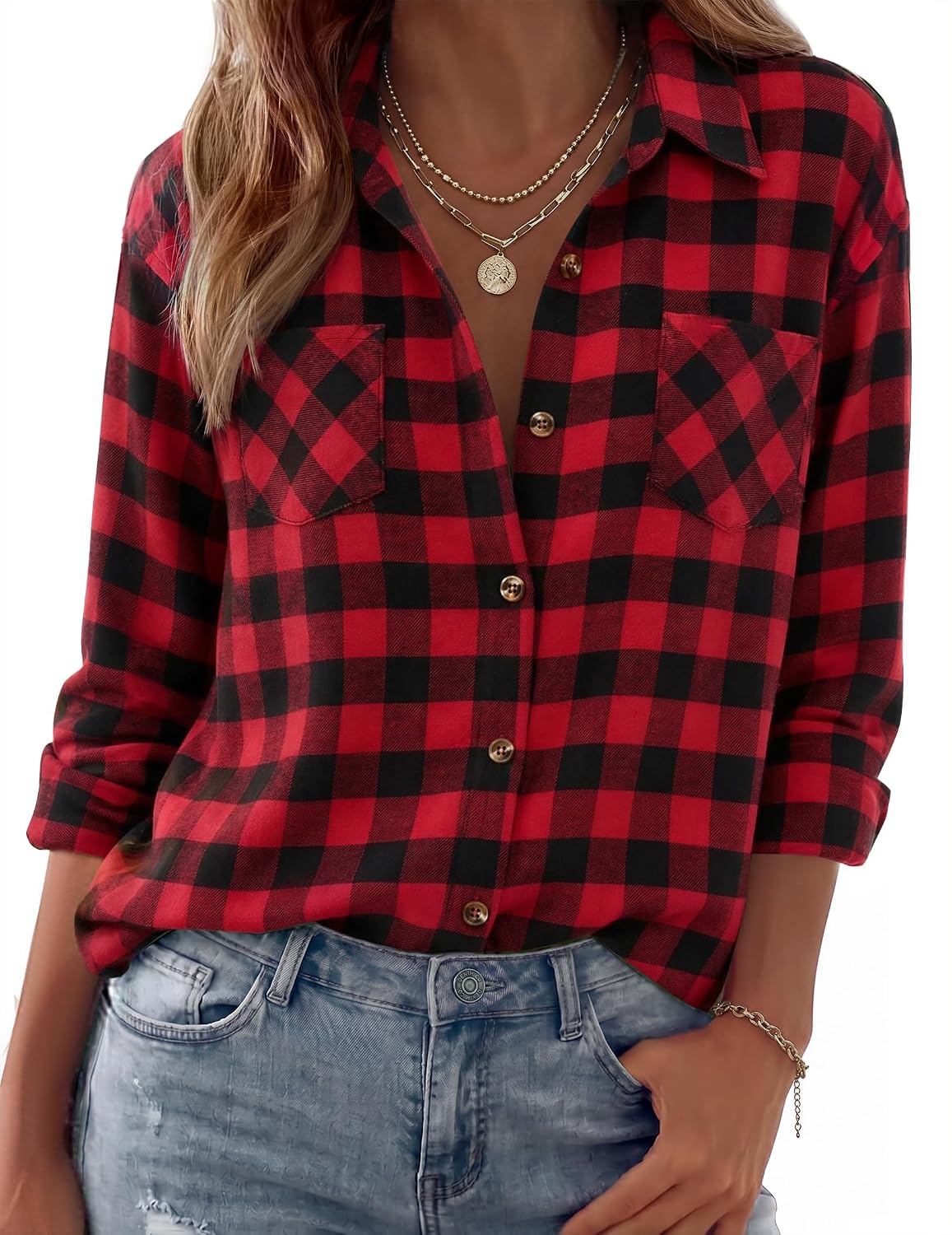 Grishilde Women's Plaid Flannel Shirt – Loose Silhouette, Front Chest Pockets & Button-Up Front