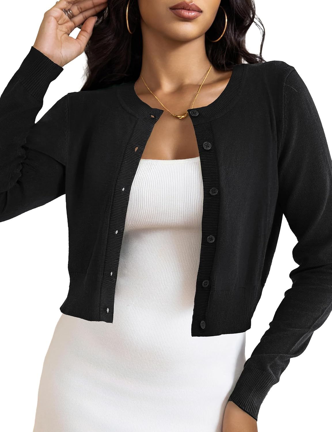 Alessio Women's Cropped Knit Cardigan – Button-Up Front, Flexible Fabric & Lightweight Fit