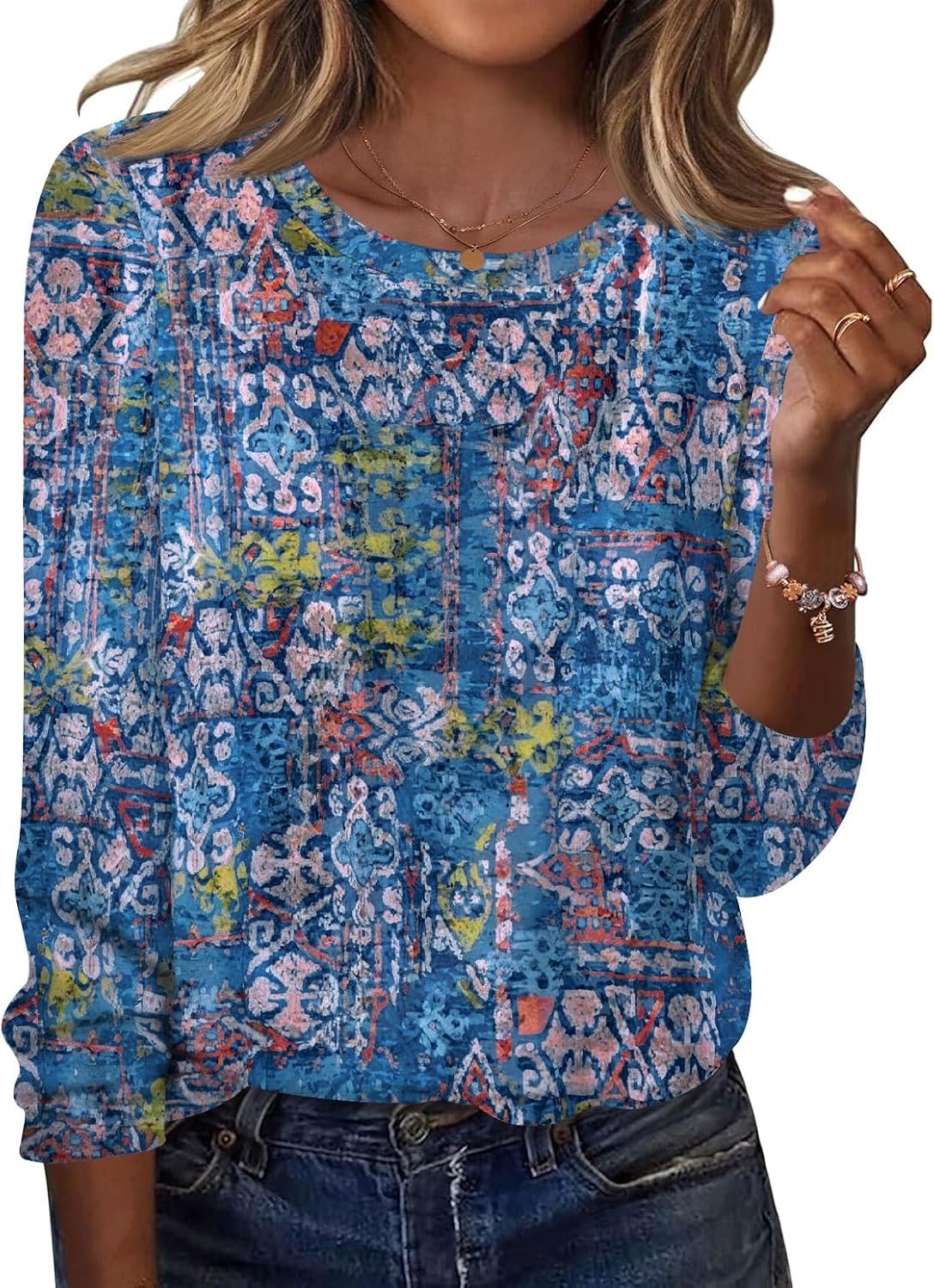 Sabelle Women's Printed Long Sleeve Top – Round Neckline, Curved Hem & Comfortable Fit