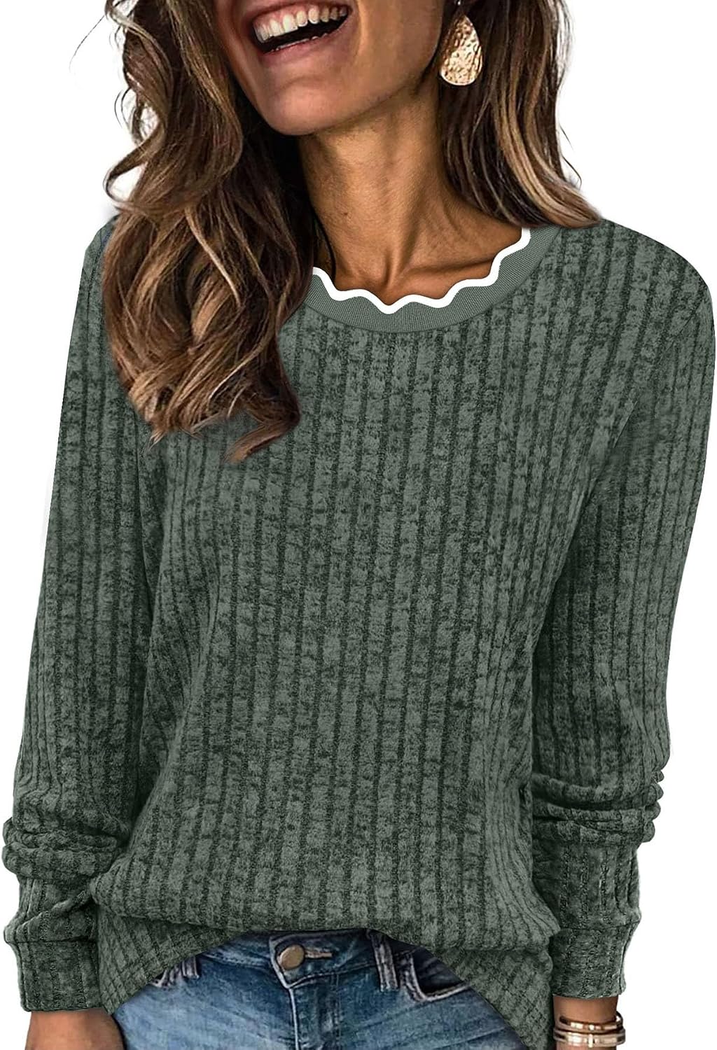 Nectaria Women's Scallop Neck Sweater – Full-Length Sleeves, Easy Fit & Plush Knit