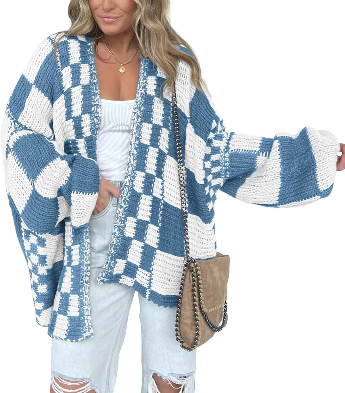 Hjalmar Women's Checkered Knit Cardigan – Open-Front Design, V-Neckline & Comfortable Fit