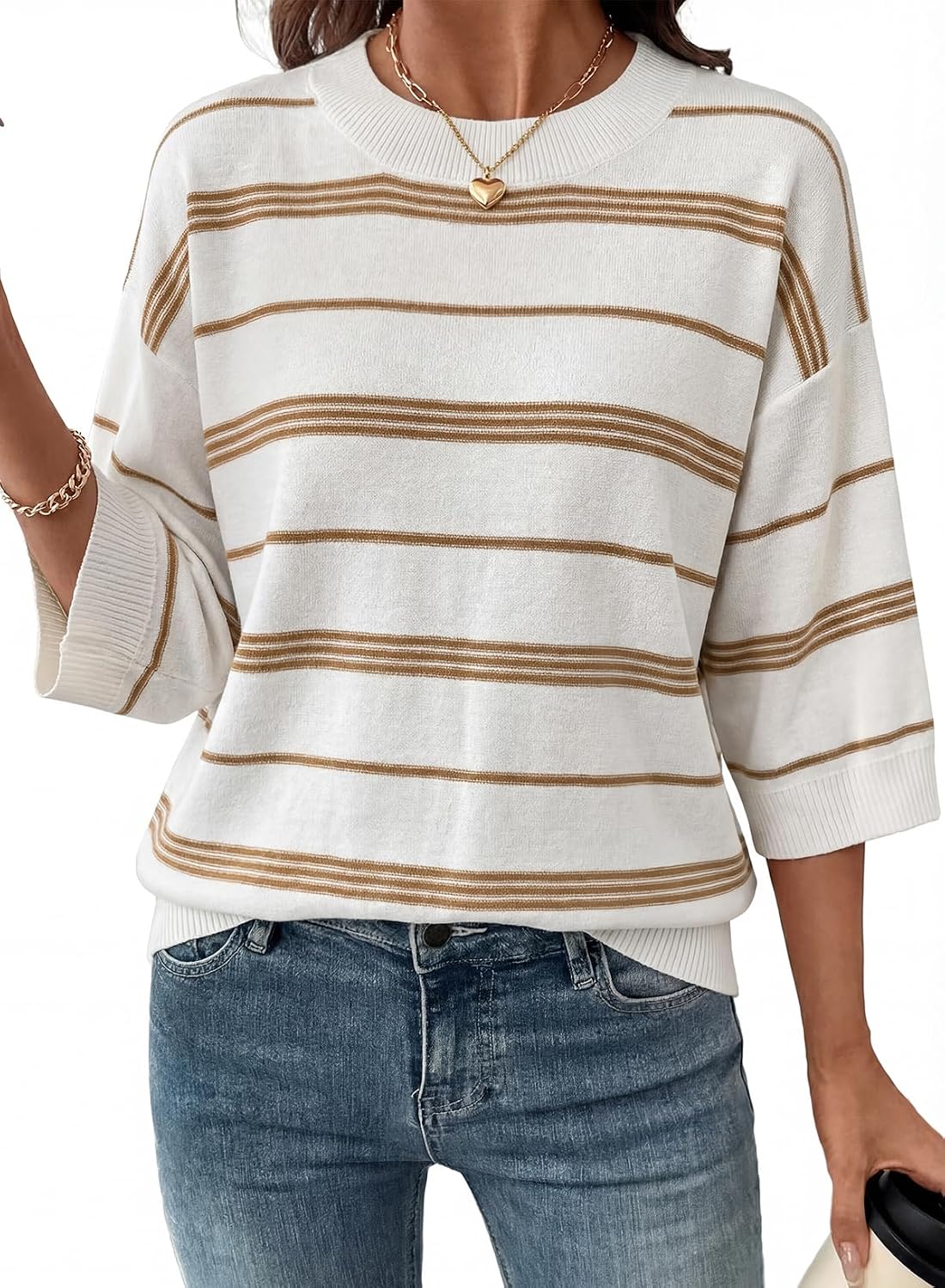 Wystanne Women's Colourblock Sweater – 3/4 Sleeves, Dropped-Shoulder Design & Loose Silhouette