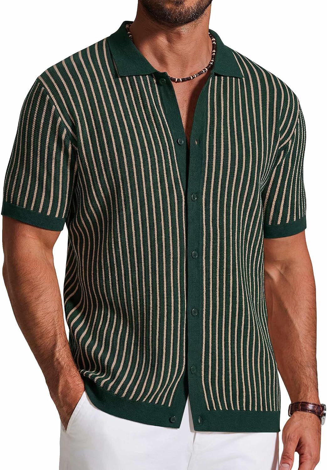 Orsolya Men's Retro Knit Shirt – Colour-Block Stripes, Collar & Button-Down Front