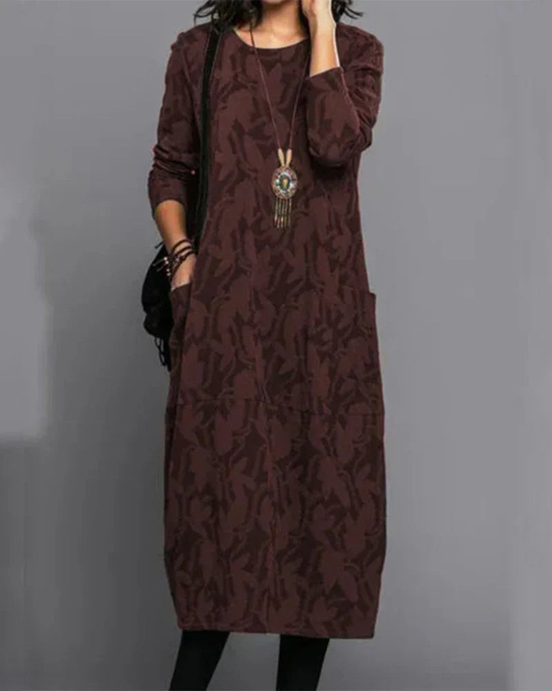 Xanto Women's Long Dress – Cozy Fleece Dress with Full-Length Sleeves, Handy Pockets, and On-Trend Floral Print