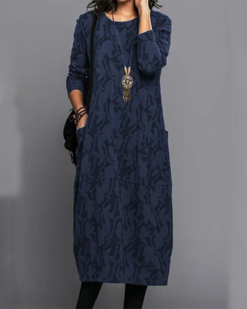 Xanto Women's Long Dress – Cozy Fleece Dress with Full-Length Sleeves, Handy Pockets, and On-Trend Floral Print