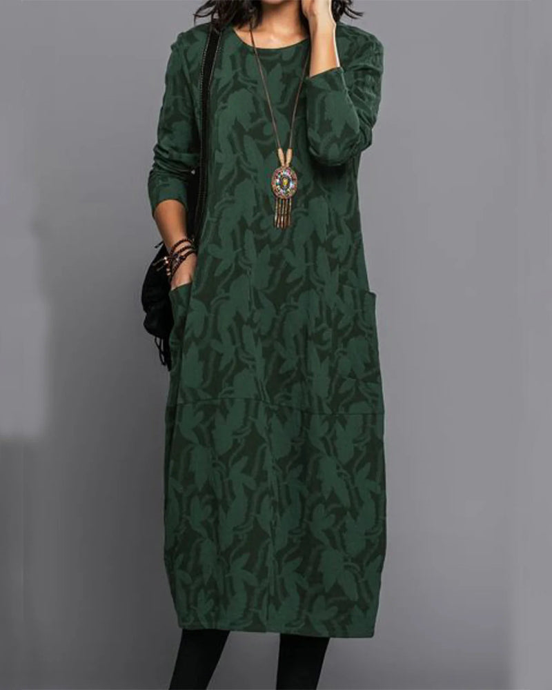 Xanto Women's Long Dress – Cozy Fleece Dress with Full-Length Sleeves, Handy Pockets, and On-Trend Floral Print