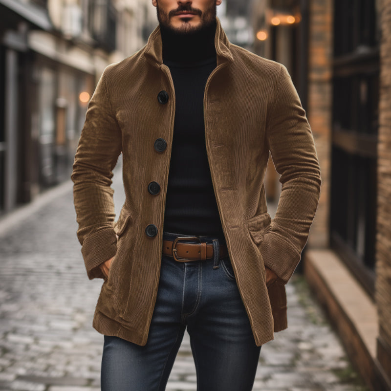 Valdemar Men's Corduroy Coat – Fitted Silhouette with Mandarin Collar & Sophisticated Side Slip Pockets
