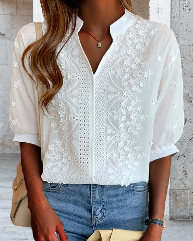 Kester Women's Blouse – V-Neckline Top with Puff Sleeves, Cotton-Blend Fabric & Patchwork Accents