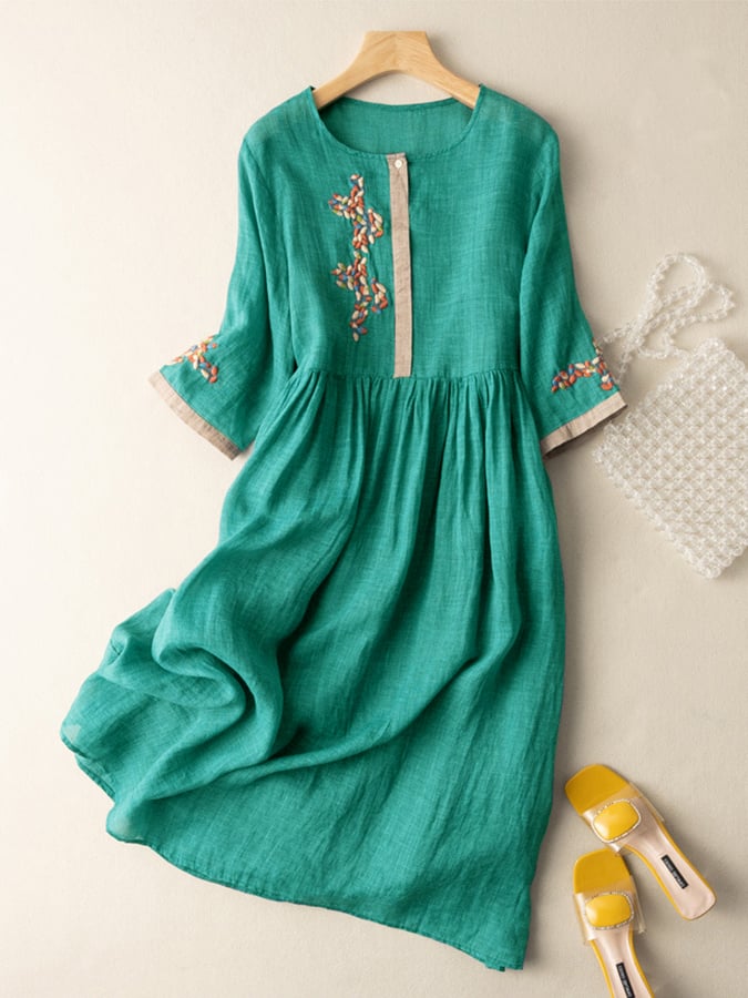 Tavish Women's Dress – Embroidered Cotton-Linen Dress with Ethnic-Inspired Design and Easy Fit