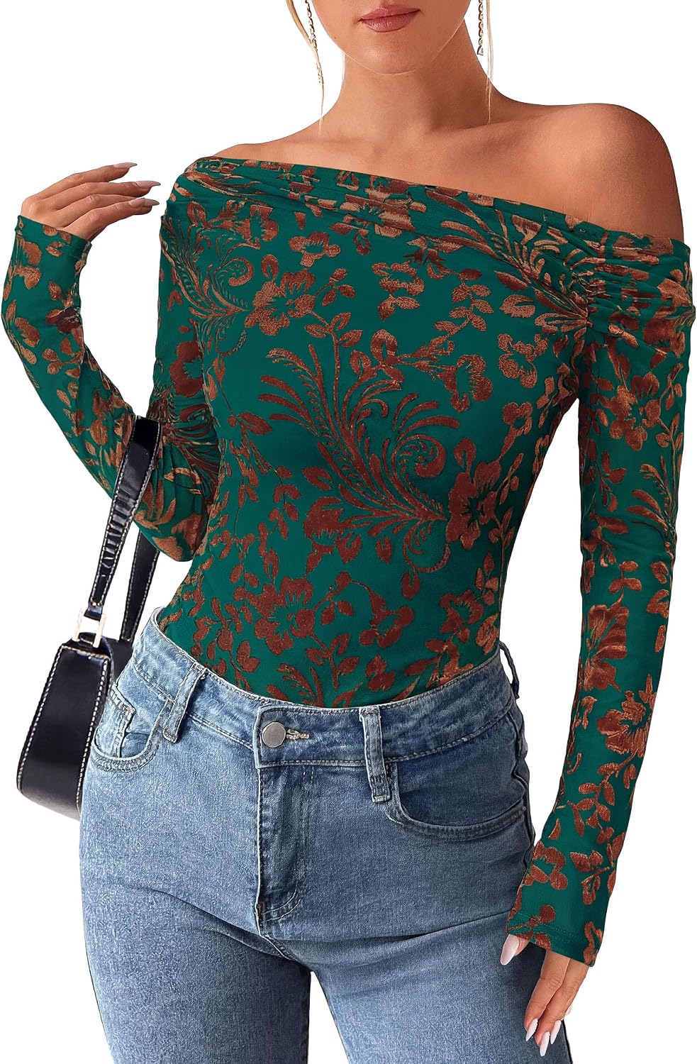 Hjalmar Women's Floral Off-Shoulder Top – Asymmetric Neckline, Full-Length Sleeves & Tailored Fit