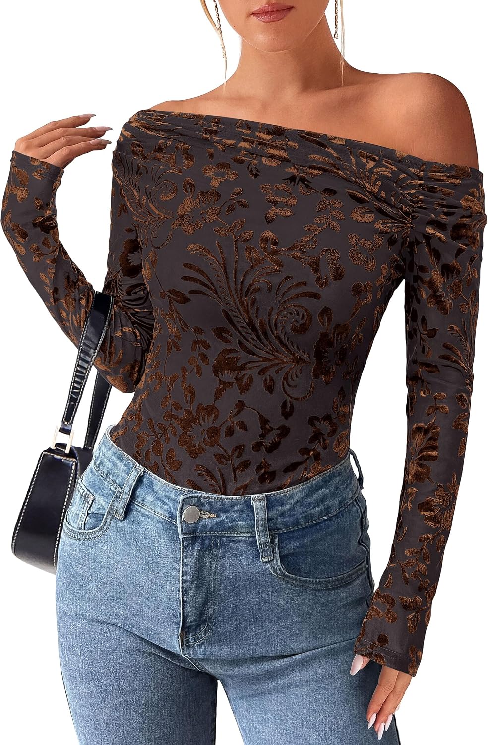 Hjalmar Women's Floral Off-Shoulder Top – Asymmetric Neckline, Full-Length Sleeves & Tailored Fit