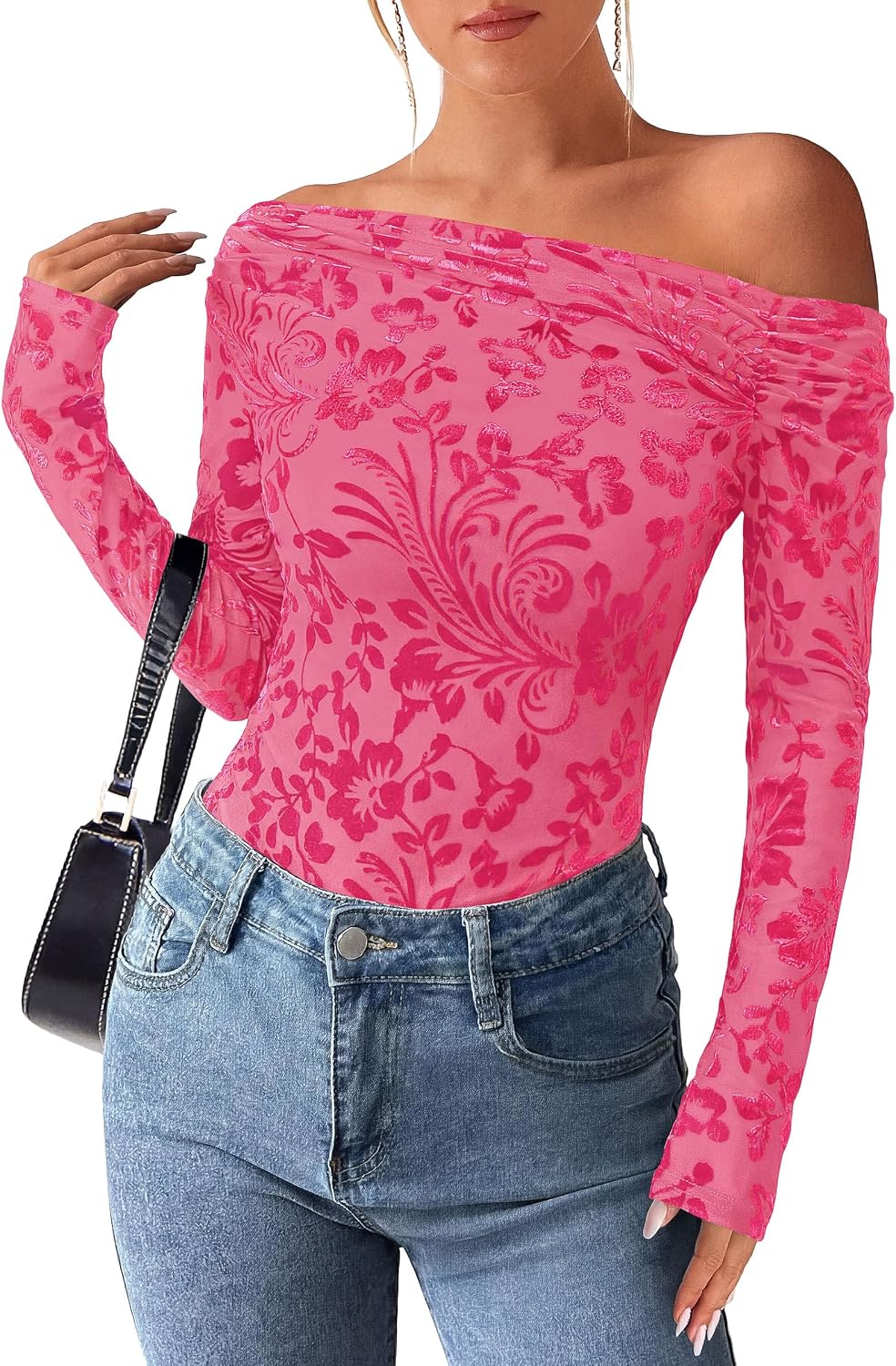 Hjalmar Women's Floral Off-Shoulder Top – Asymmetric Neckline, Full-Length Sleeves & Tailored Fit