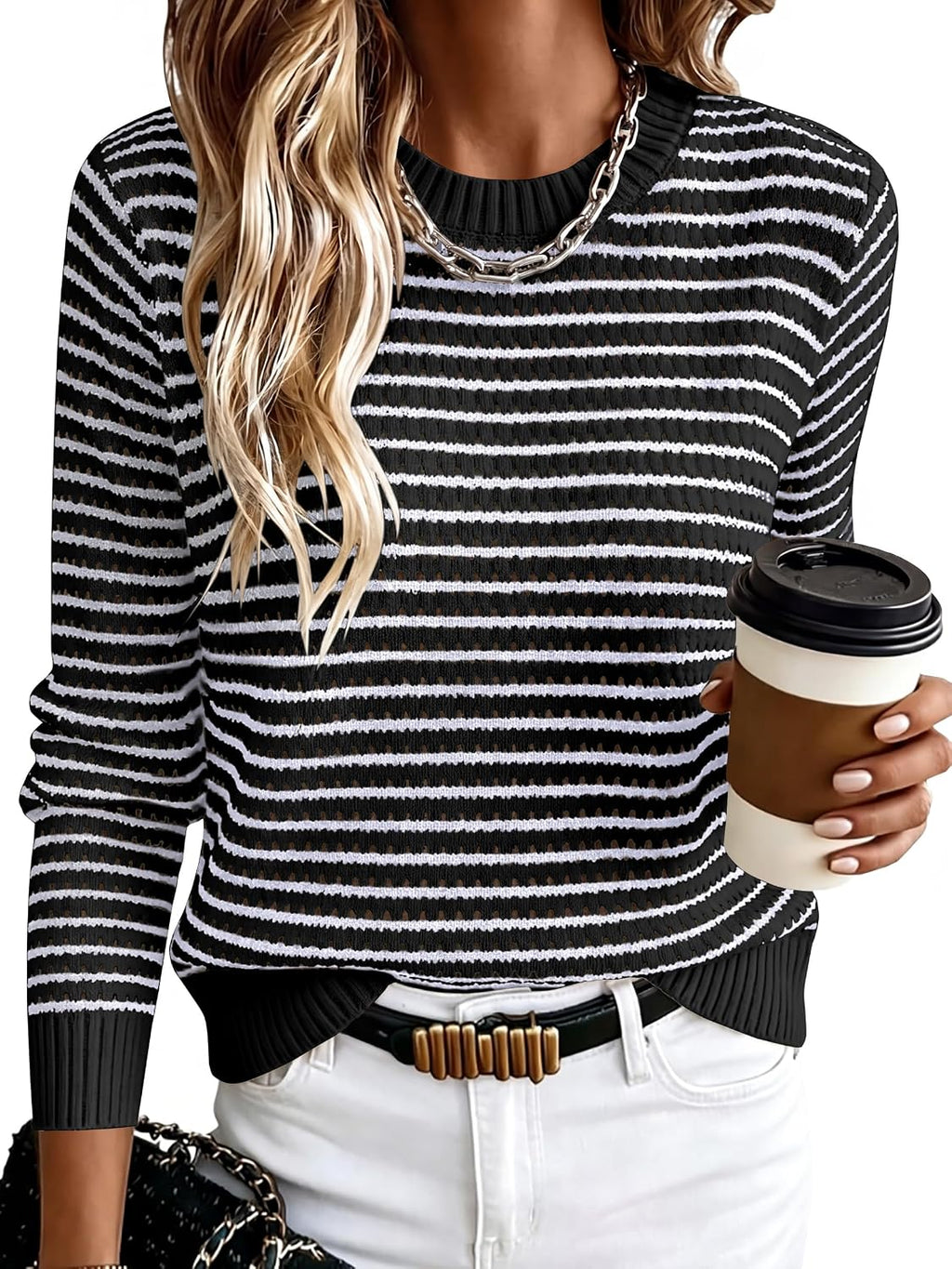 Cecilia Women's Striped Knit Sweater – Crew Neck Lightweight Long Sleeve Pullover
