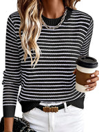 Cecilia Women's Striped Knit Sweater – Crew Neck Lightweight Long Sleeve Pullover