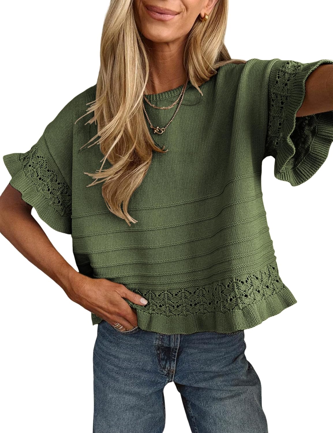 Delcine Women's Ruffle Knit Top – Round Neckline, Short-Sleeve Design & Cotton-Blend Fabric