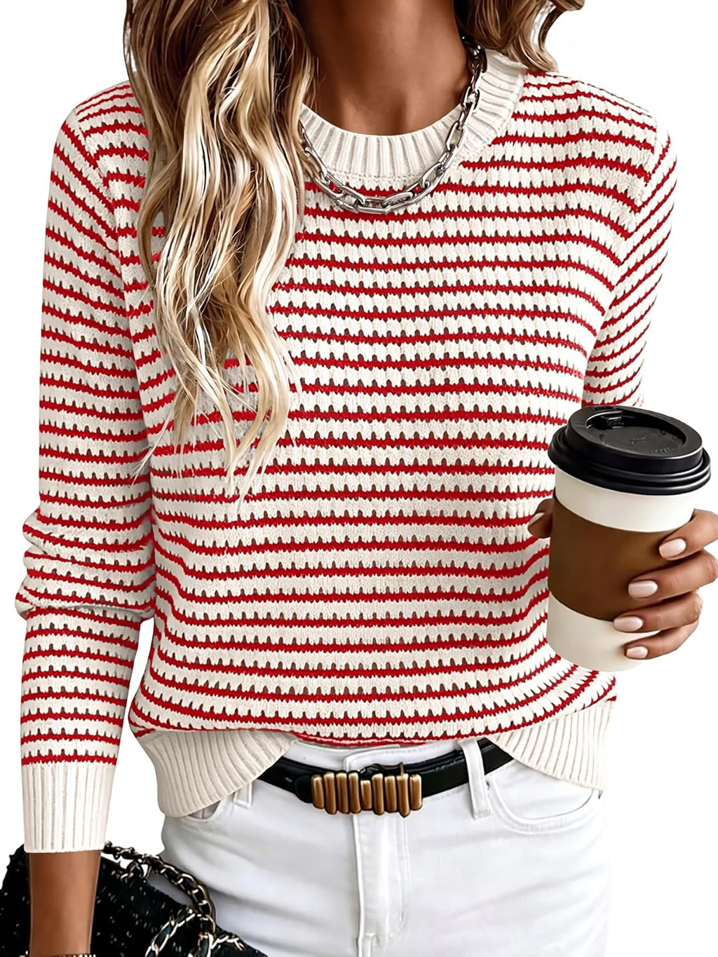 Cecilia Women's Striped Knit Sweater – Crew Neck Lightweight Long Sleeve Pullover
