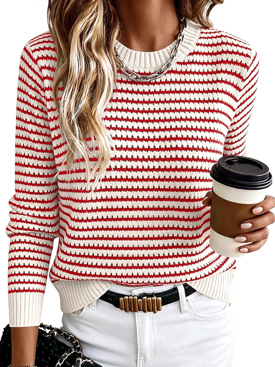Cecilia Women's Striped Knit Sweater – Crew Neck Lightweight Long Sleeve Pullover
