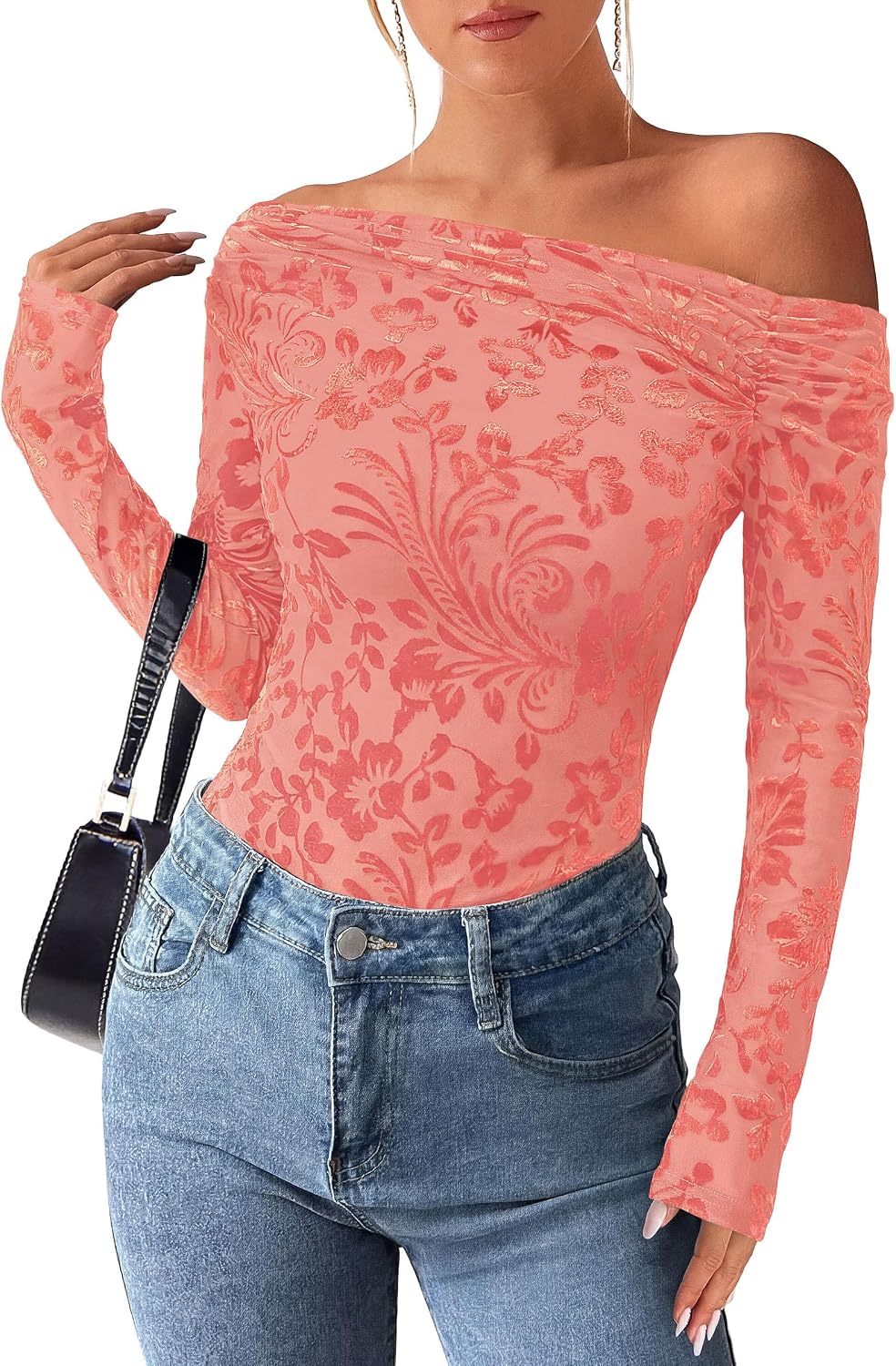 Hjalmar Women's Floral Off-Shoulder Top – Asymmetric Neckline, Full-Length Sleeves & Tailored Fit